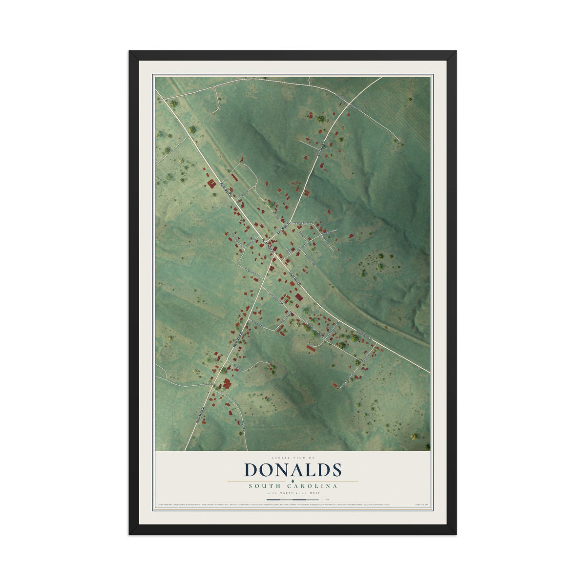Map of Donalds, South Carolina, 12 x 18 inch print in a black wood frame