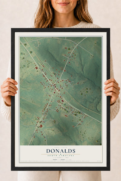 Map of Donalds, South Carolina, 18 x 24 inch print in a black wood frame