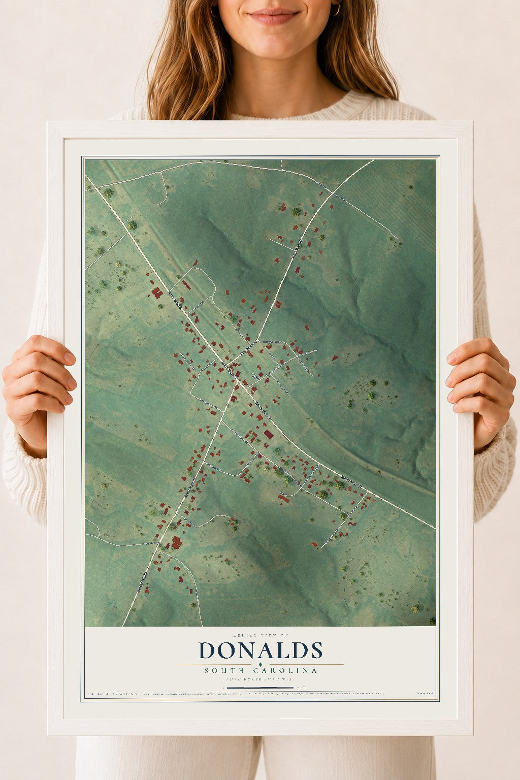 Map of Donalds, South Carolina, 18 x 24 inch print in a white wood frame