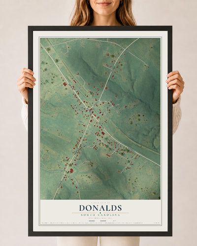 Map of Donalds, South Carolina, 24 x 36 inch print in a black wood frame