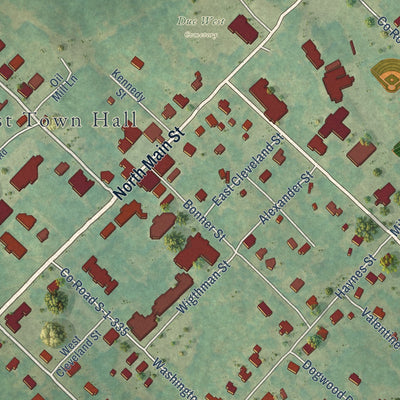 Close-up of the map of Due West, South Carolina print showing street and building detail