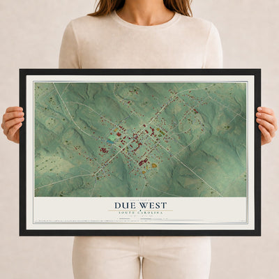 Map of Due West, South Carolina, 12 x 18 inch print in a black wood frame