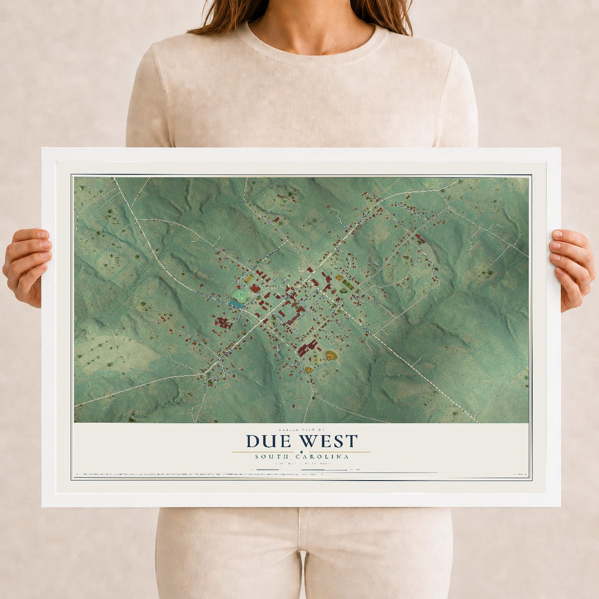 Map of Due West, South Carolina, 12 x 18 inch print in a white wood frame