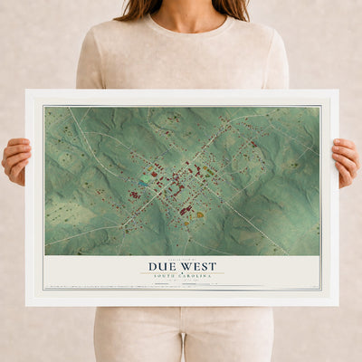 Map of Due West, South Carolina, 12 x 18 inch print in a white wood frame
