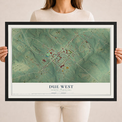 Map of Due West, South Carolina, 18 x 24 inch print in a black wood frame
