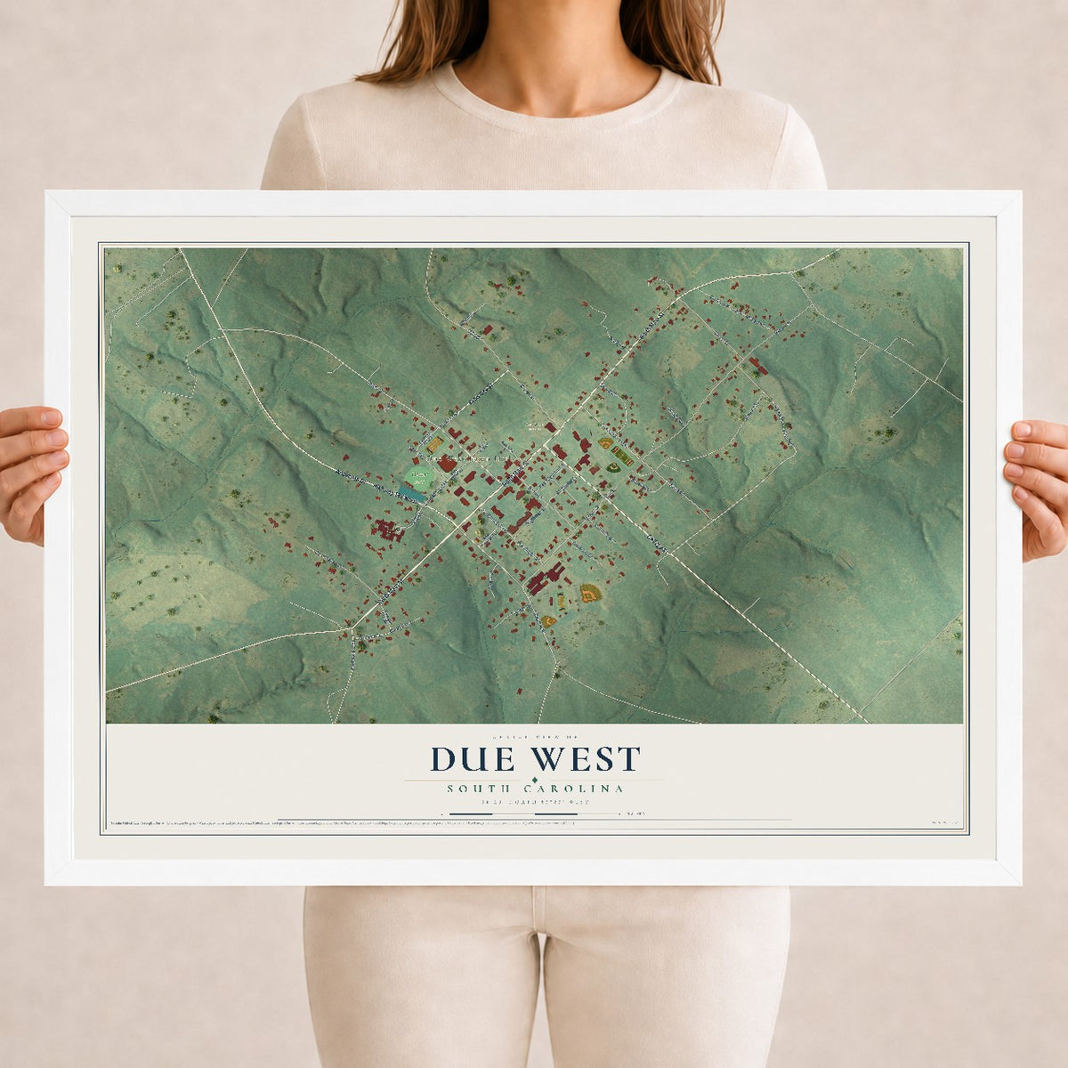 Map of Due West, South Carolina, 18 x 24 inch print in a white wood frame