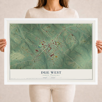 Map of Due West, South Carolina, 18 x 24 inch print in a white wood frame