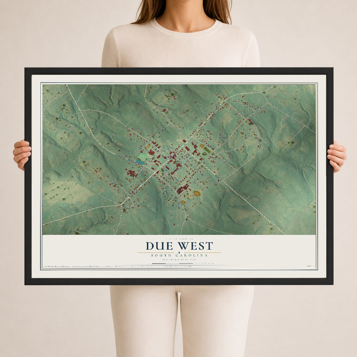 Map of Due West, South Carolina, 24 x 36 inch print in a black wood frame