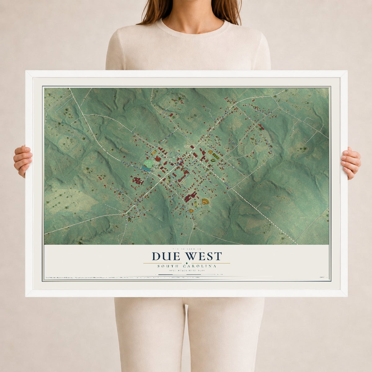 Map of Due West, South Carolina, 24 x 36 inch print in a white wood frame