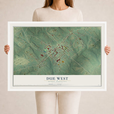 Map of Due West, South Carolina, 24 x 36 inch print in a white wood frame