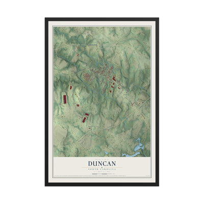 Map of Duncan, South Carolina, 12 x 18 inch print in a black wood frame