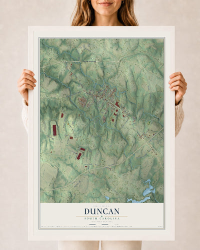 Map of Duncan, South Carolina, 24 x 36 inch print in a white wood frame