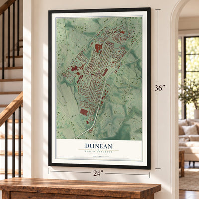 Dunean, South Carolina map, 24 x 36 inch print in a black frame by a staircase
