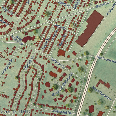 Close-up of the map of Dunean, South Carolina print showing street and building detail