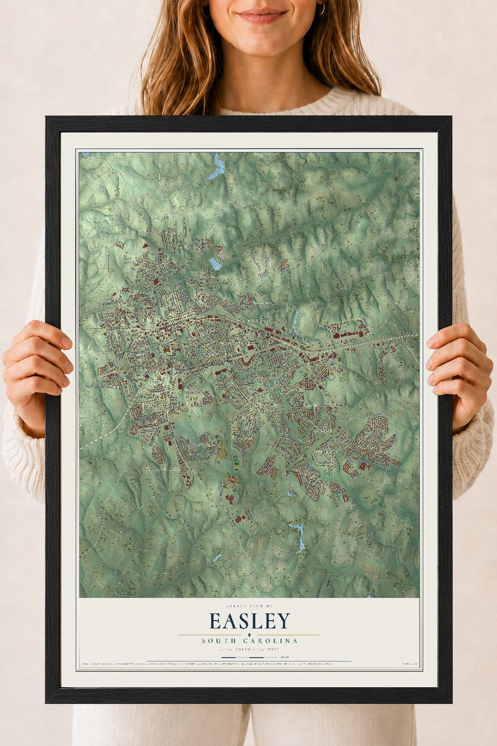 Map of Easley, South Carolina, 18 x 24 inch print in a black wood frame