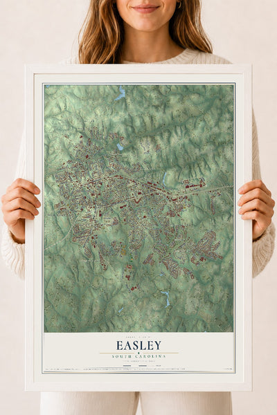 Map of Easley, South Carolina, 18 x 24 inch print in a white wood frame