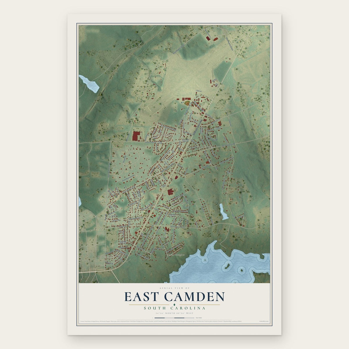 East Camden, South Carolina map print, the full design