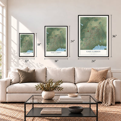 East Camden, South Carolina map in 12 x 18, 18 x 24 and 24 x 36 inch sizes above a sofa