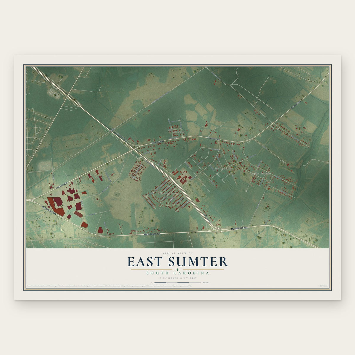 East Sumter, South Carolina map print, the full design