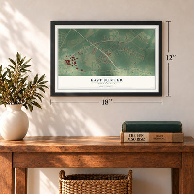 East Sumter, South Carolina map, 12 x 18 inch print in a black frame in an entryway