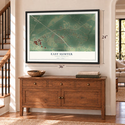 East Sumter, South Carolina map, 24 x 36 inch print in a black frame above a dresser by a staircase