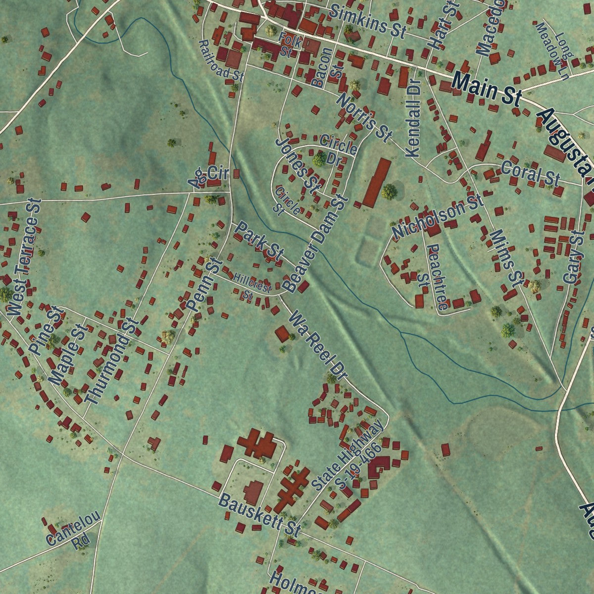 Close-up of the map of Edgefield, South Carolina print showing street and building detail