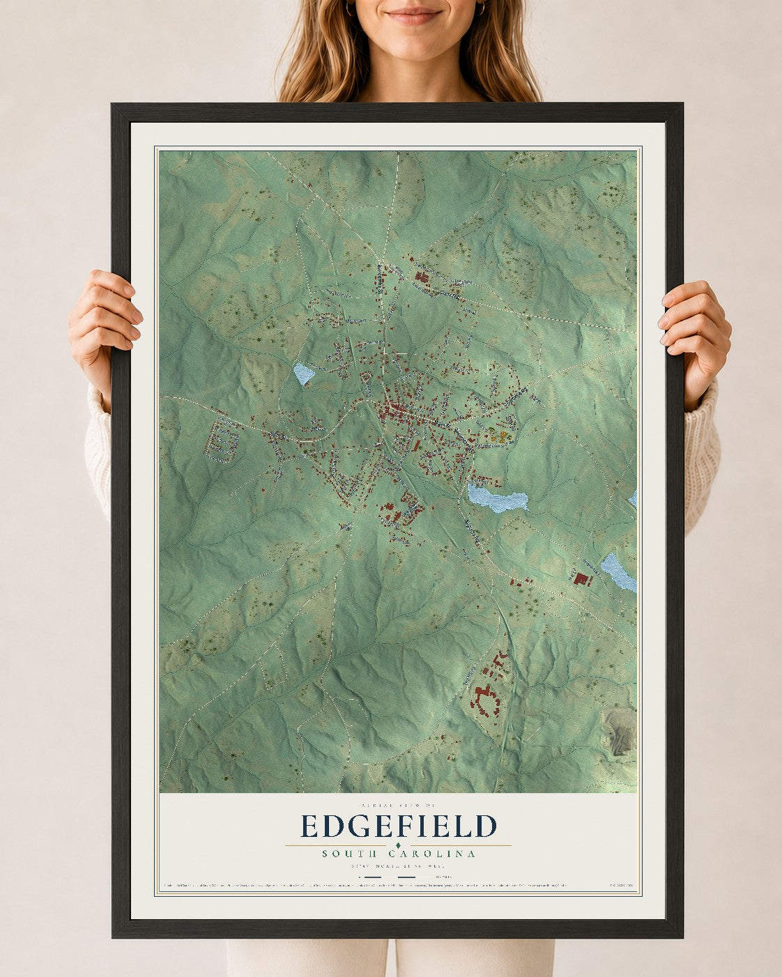 Map of Edgefield, South Carolina, 24 x 36 inch print in a black wood frame