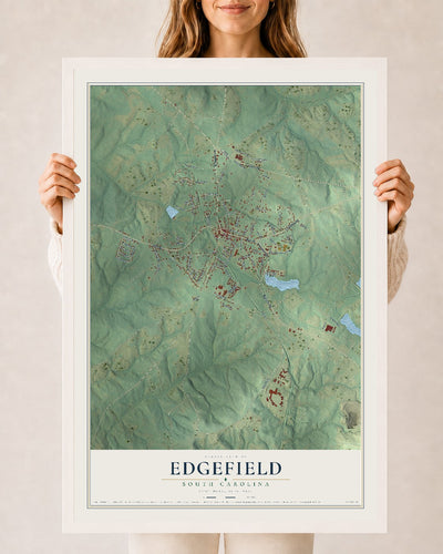 Map of Edgefield, South Carolina, 24 x 36 inch print in a white wood frame