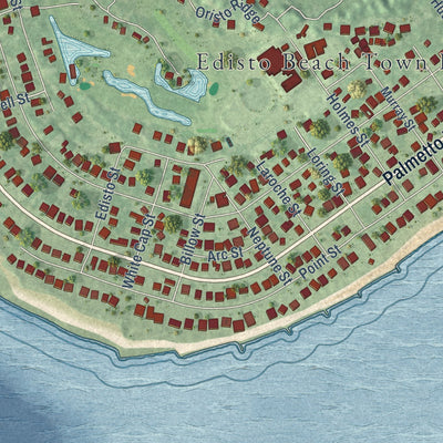 Close-up of the map of Edisto Beach, South Carolina print showing street and building detail