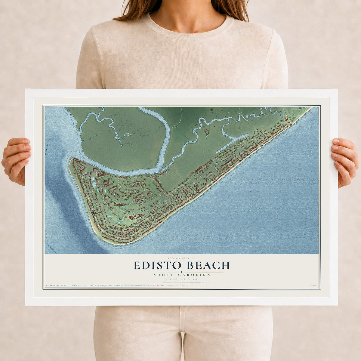 Map of Edisto Beach, South Carolina, 12 x 18 inch print in a white wood frame