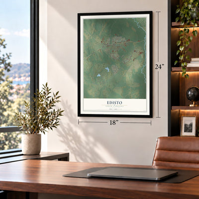 Edisto, South Carolina map, 18 x 24 inch print in a black frame in a home office