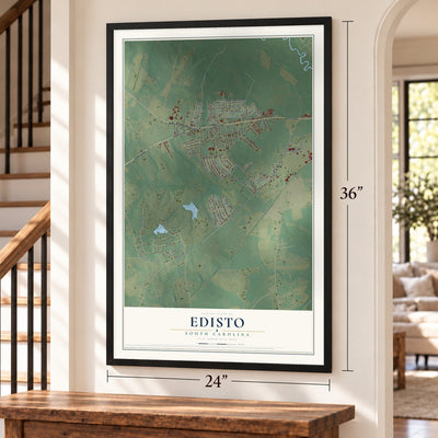 Edisto, South Carolina map, 24 x 36 inch print in a black frame by a staircase