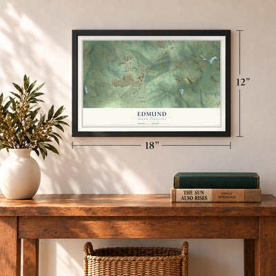 Edmund, South Carolina map, 12 x 18 inch print in a black frame in an entryway