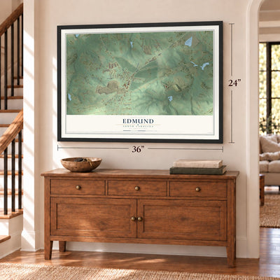 Edmund, South Carolina map, 24 x 36 inch print in a black frame above a dresser by a staircase