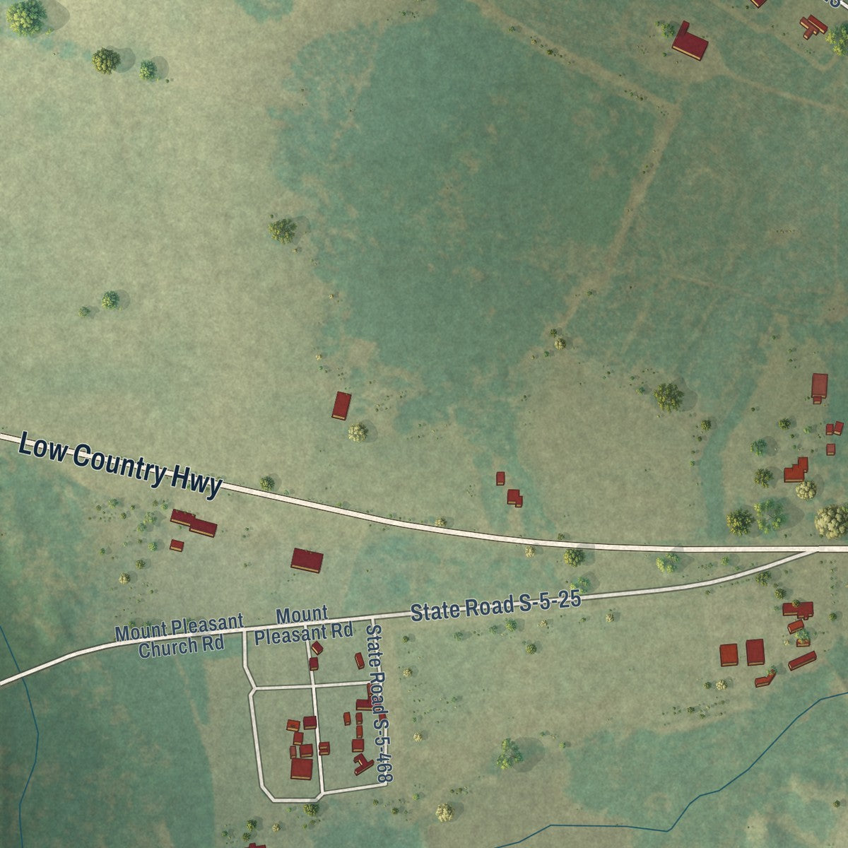 Second close-up of the map of Ehrhardt, South Carolina print showing more streets and buildings