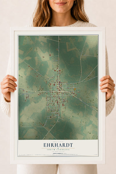Map of Ehrhardt, South Carolina, 18 x 24 inch print in a white wood frame