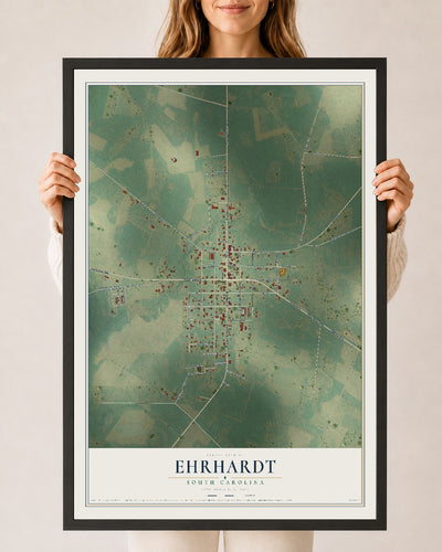 Map of Ehrhardt, South Carolina, 24 x 36 inch print in a black wood frame