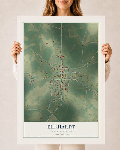 Map of Ehrhardt, South Carolina, 24 x 36 inch print in a white wood frame