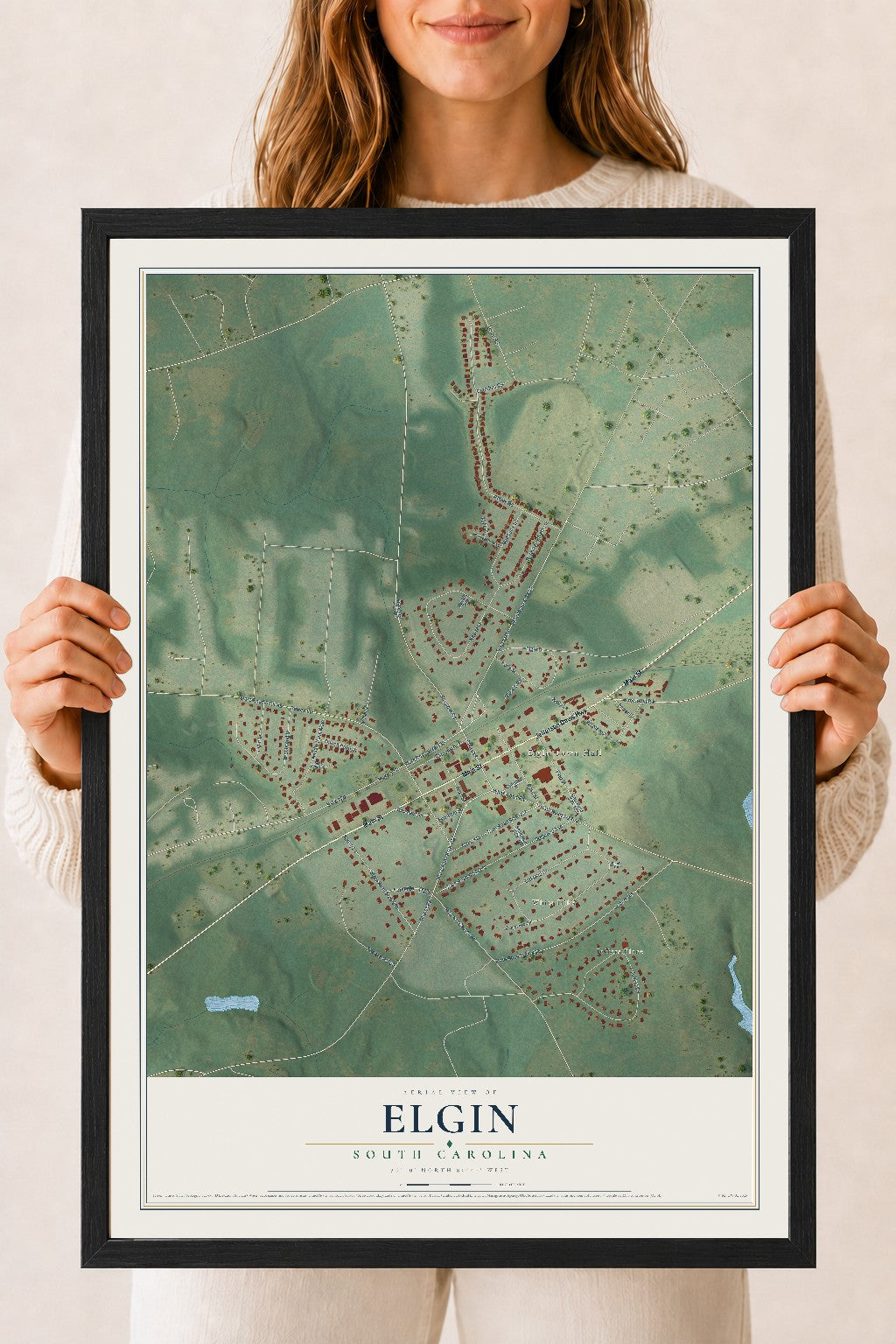 Map of Elgin, South Carolina, 18 x 24 inch print in a black wood frame
