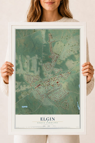 Map of Elgin, South Carolina, 18 x 24 inch print in a white wood frame