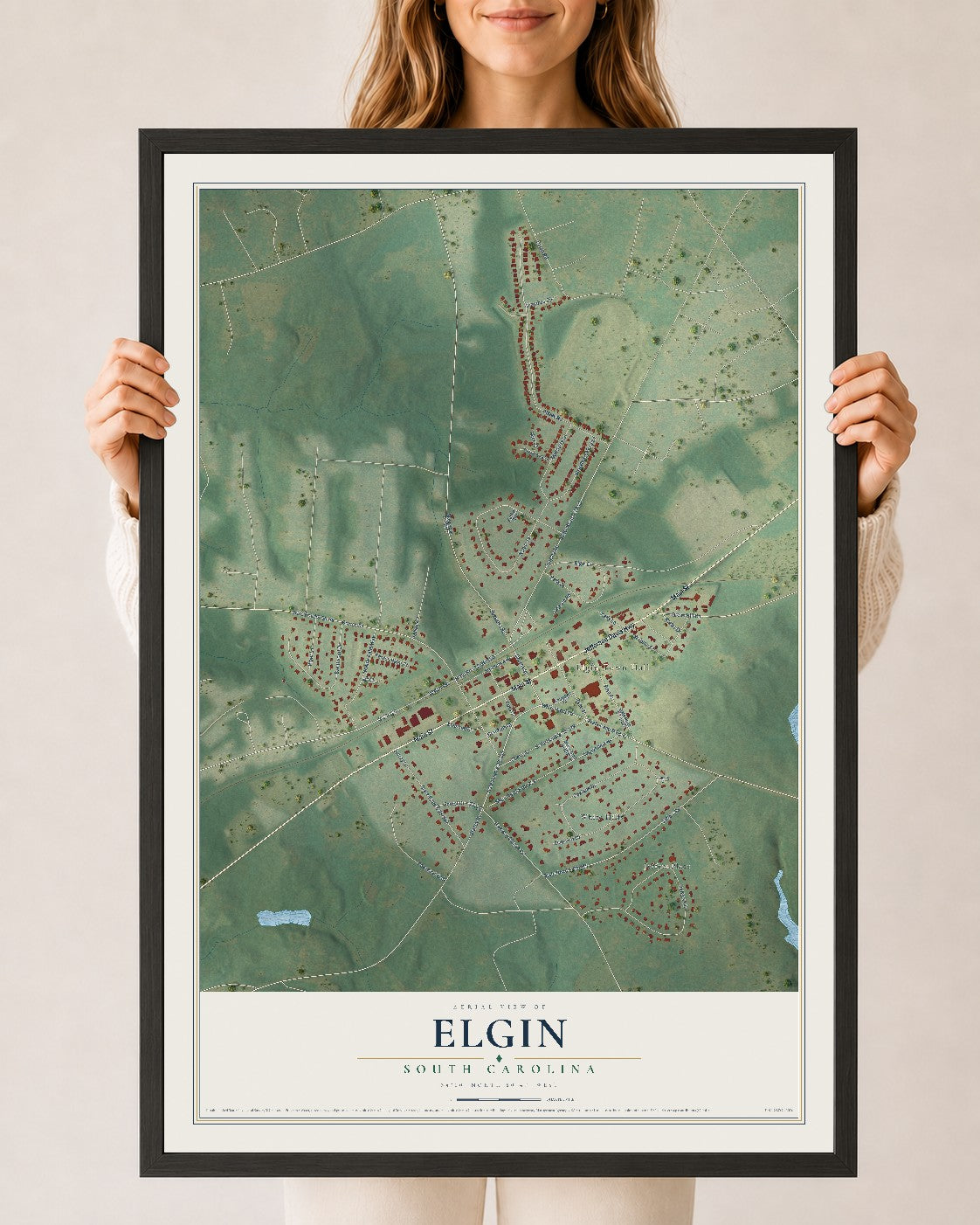 Map of Elgin, South Carolina, 24 x 36 inch print in a black wood frame