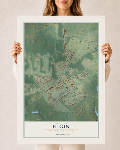 Map of Elgin, South Carolina, 24 x 36 inch print in a white wood frame