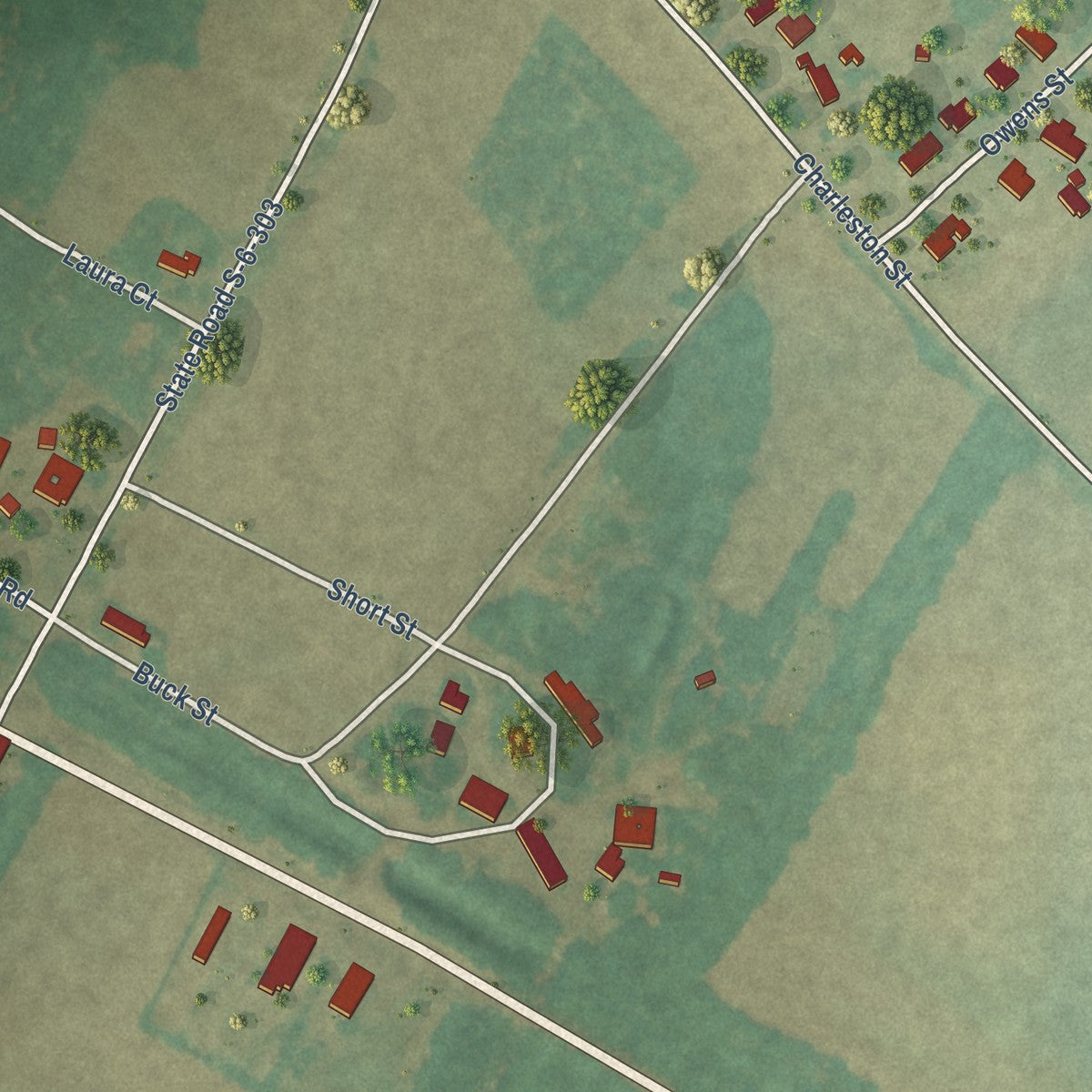 Second close-up of the map of Elko, South Carolina print showing more streets and buildings