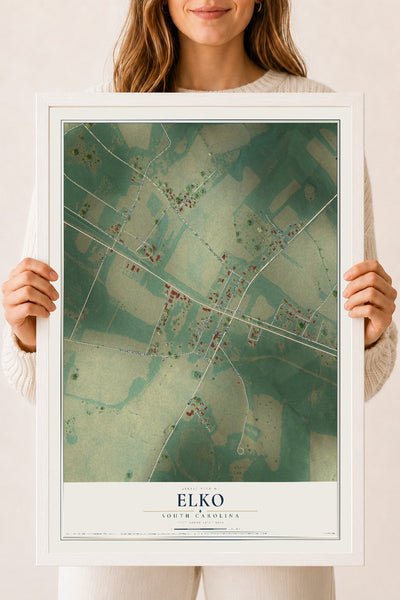 Map of Elko, South Carolina, 18 x 24 inch print in a white wood frame