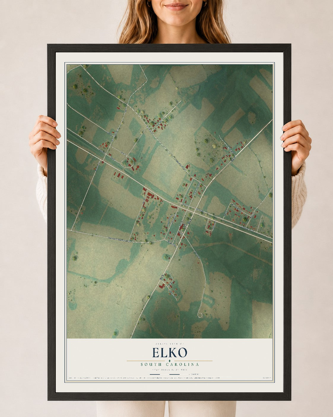 Map of Elko, South Carolina, 24 x 36 inch print in a black wood frame