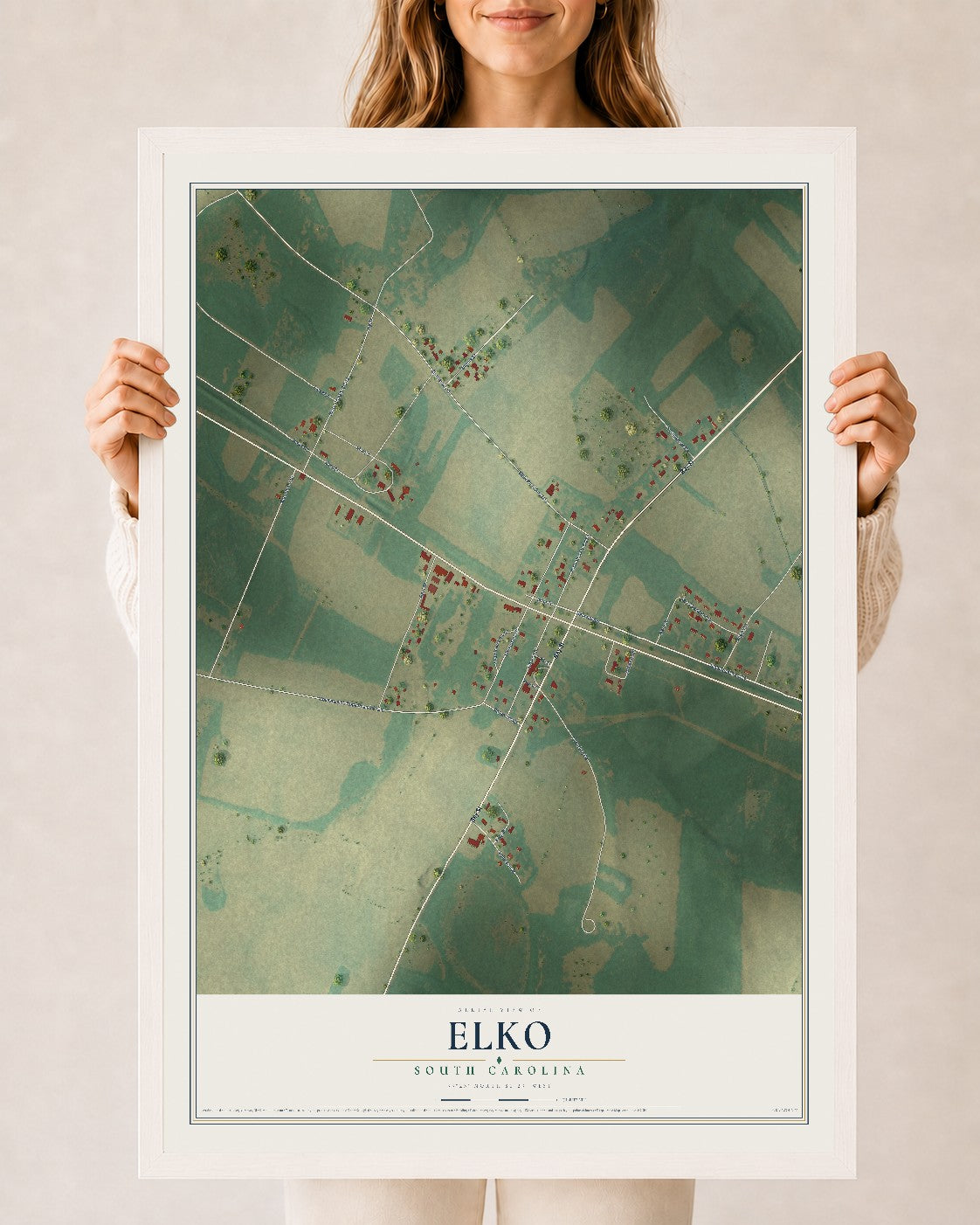 Map of Elko, South Carolina, 24 x 36 inch print in a white wood frame