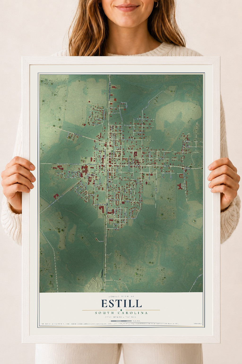 Map of Estill, South Carolina, 18 x 24 inch print in a white wood frame
