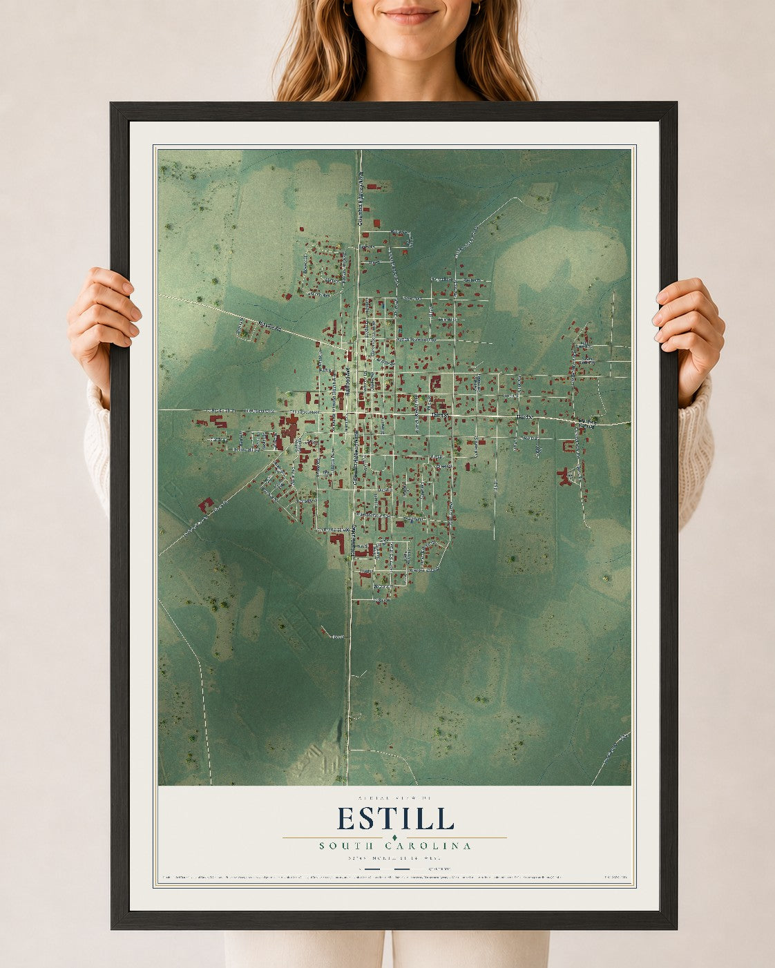 Map of Estill, South Carolina, 24 x 36 inch print in a black wood frame