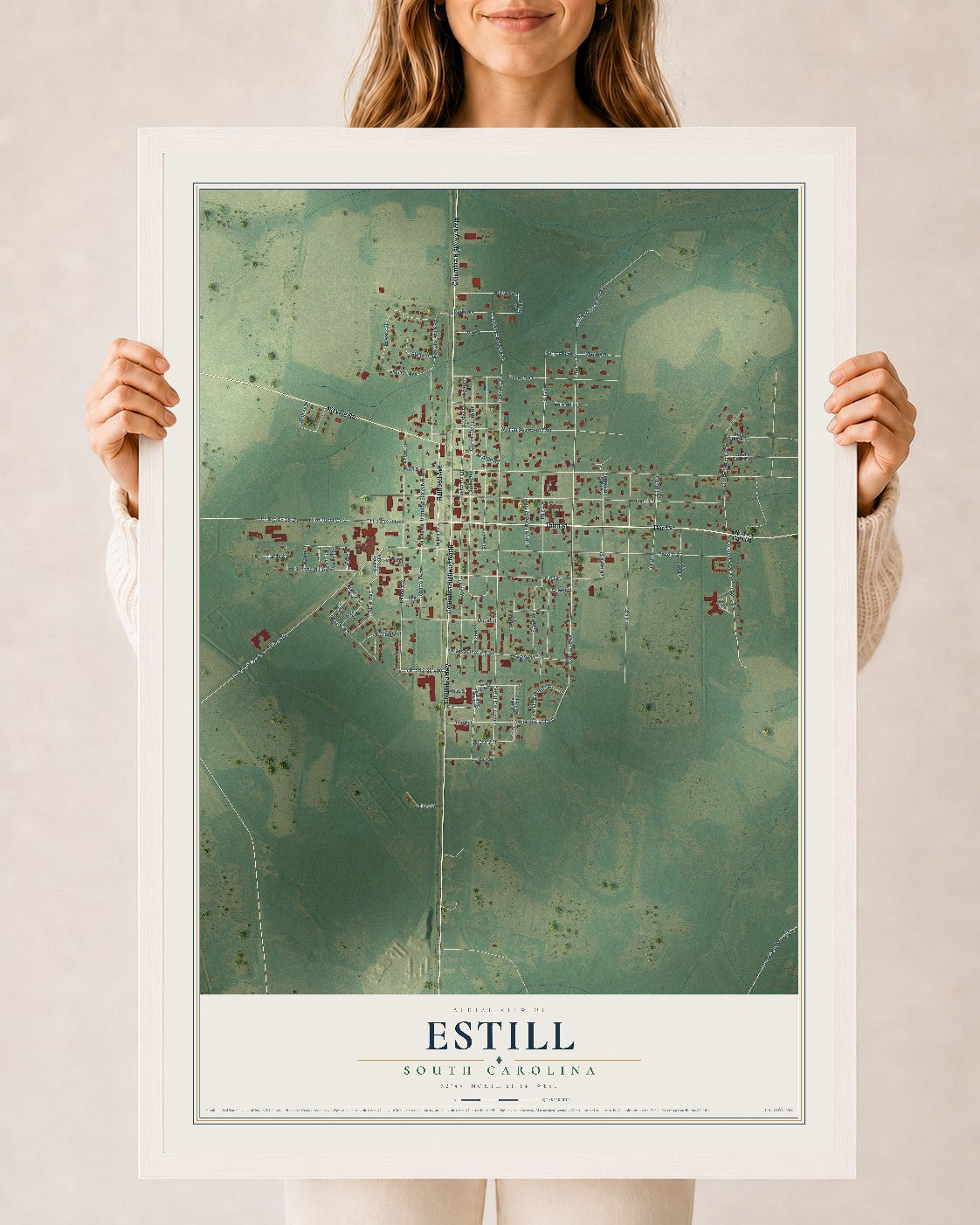 Map of Estill, South Carolina, 24 x 36 inch print in a white wood frame