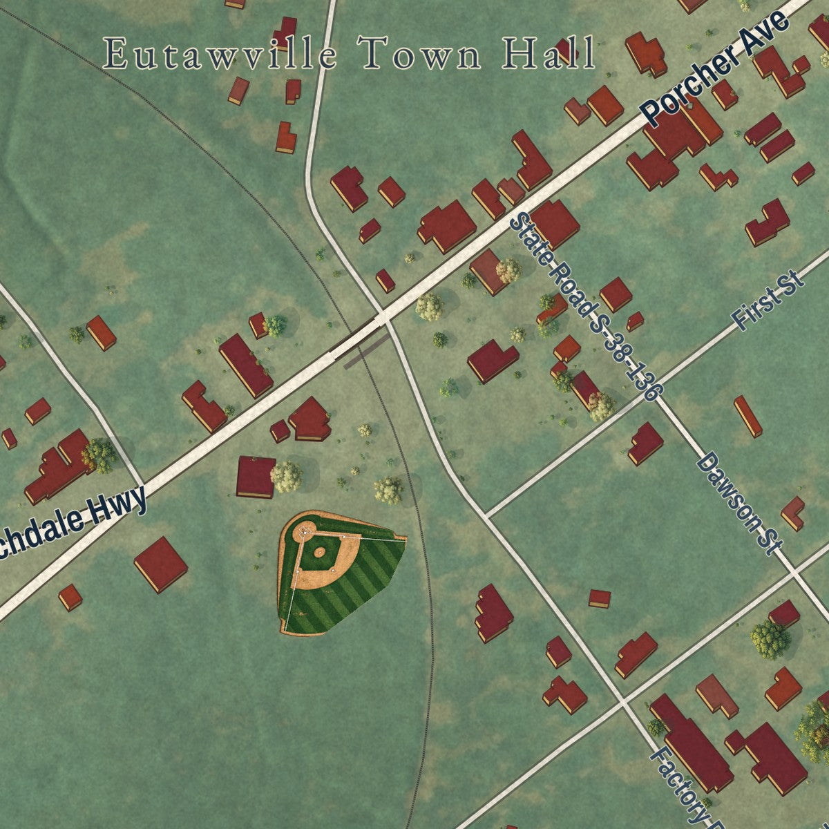 Close-up of the map of Eutawville, South Carolina print showing street and building detail